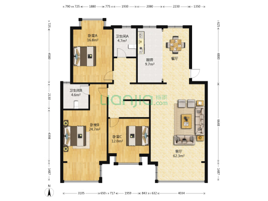 福地花园 3室1厅2卫 147平方