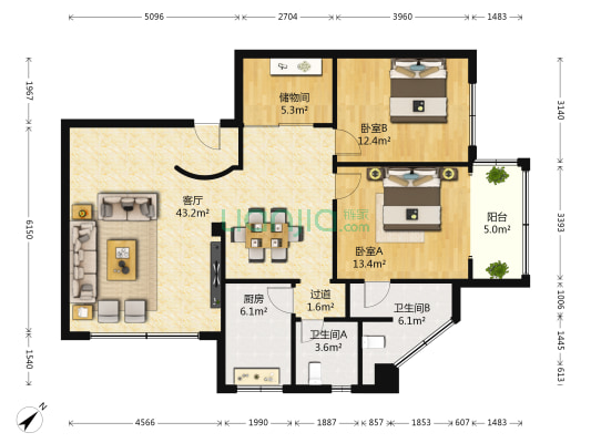 百花苑(青羊) 2室1厅2卫 120平方
