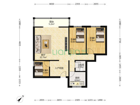 青竹花园中区 3室1厅1卫 87平方