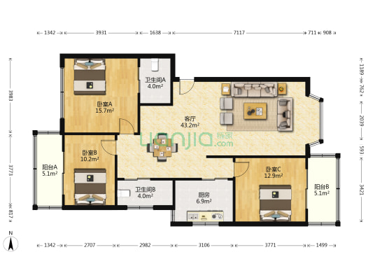 通锦路2号 3室1厅2卫 121平方