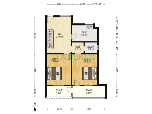 大华宾馆 2室1厅1卫 67平方