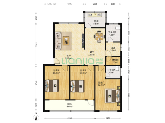人行小区 3室2厅2卫 144平方