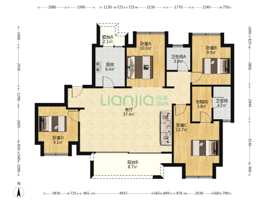 保利云璟玖悦府 4室1厅2卫 134平方