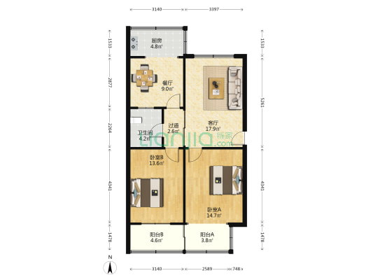 经一路43号院 2室2厅1卫 84平方
