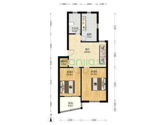 海军干休所 2室1厅1卫 73平方