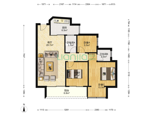 左岸春天一期 3室1厅2卫 94平方