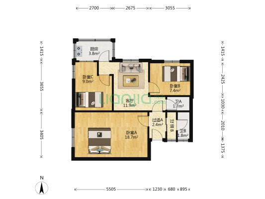 荔福小区 3室1厅2卫 71平方
