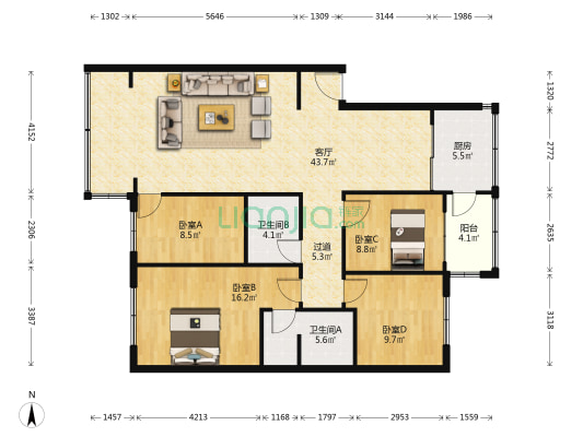云南第二公路桥梁工程有限供公司宿舍 4室1厅2卫 127平方