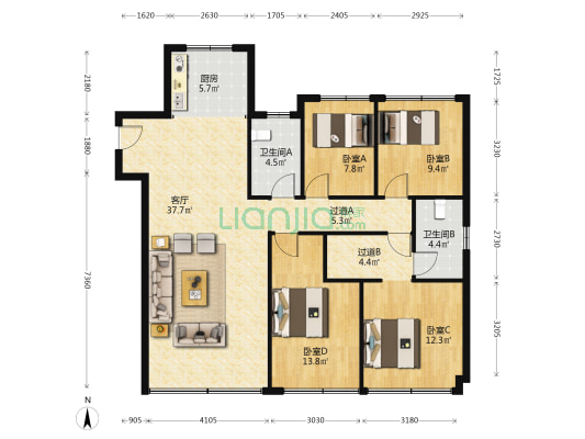 绿城春和印月 4室1厅2卫 143平方