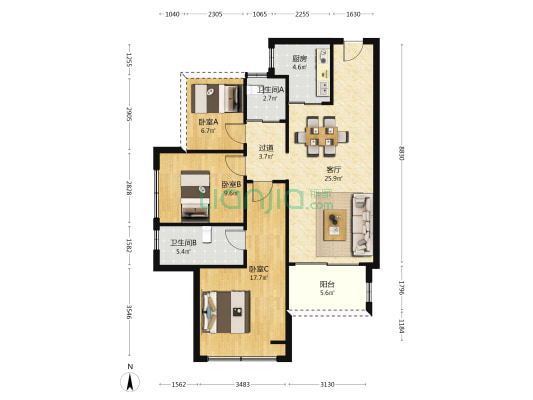 保利鹿江来 3室1厅2卫 95平方