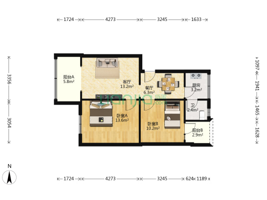 解放坡35号 2室2厅1卫 66平方