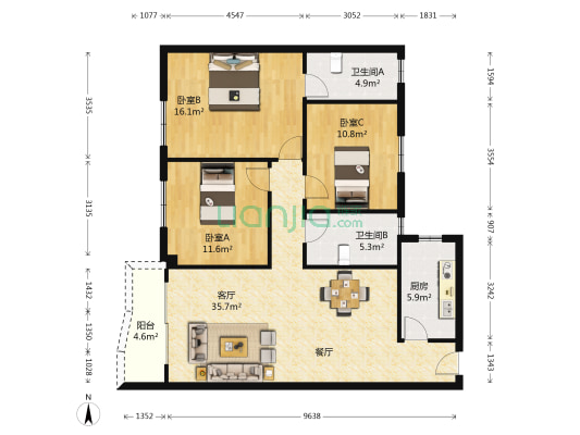 光大花园金华苑 3室1厅2卫 108平方