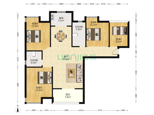 九城新天地 4室1厅2卫 133平方