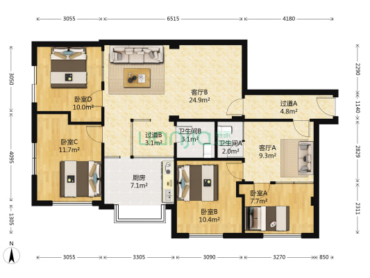 景福小区 4室2厅2卫 125平方