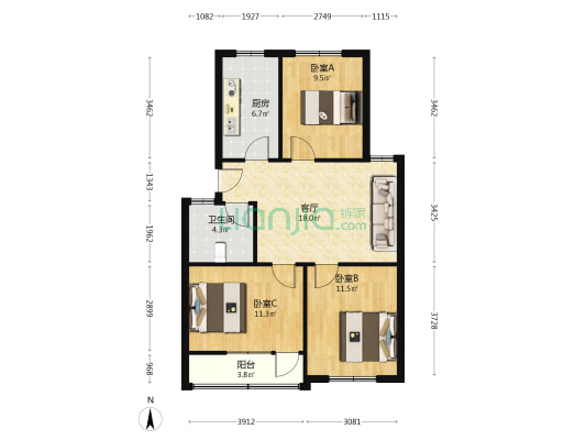 吕花园居民小区 3室1厅1卫 90平方