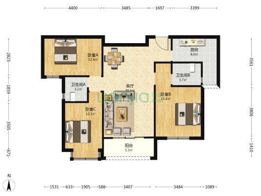 同信幸福里 3室1厅2卫 120平方