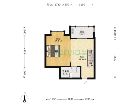 月泉花城 1室1厅1卫 48平方