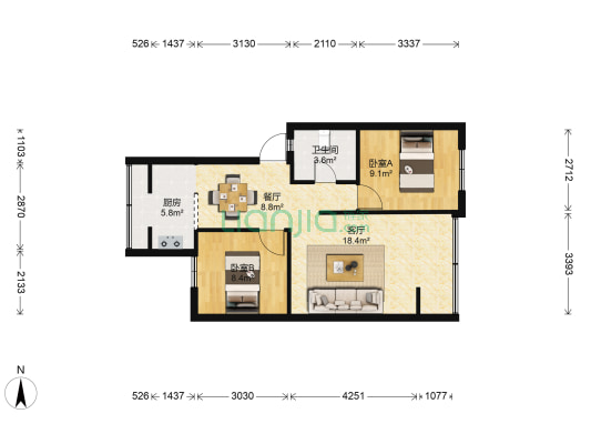 新迎小区十一组团 2室2厅1卫 66平方