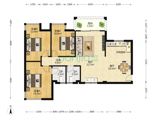吉维尼鲜花小镇 3室2厅2卫 105平方