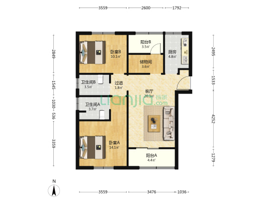 祥怡庭 2室1厅2卫 104平方