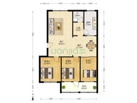 世纪环球中心 3室2厅1卫 168平方