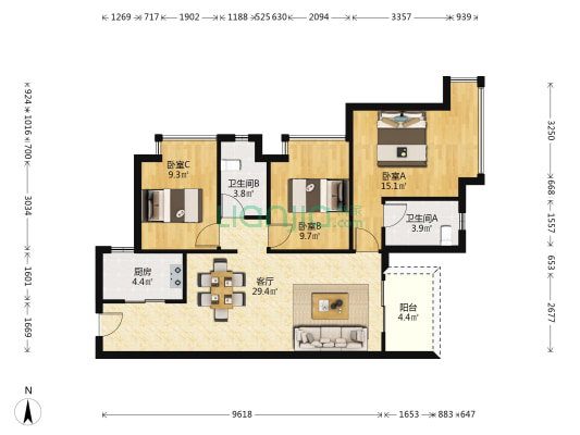 招商雍和府 3室1厅2卫 96平方
