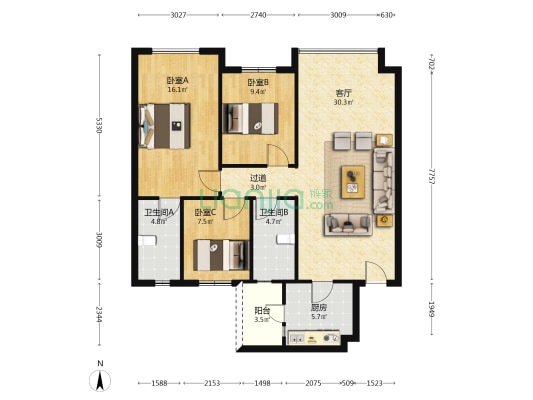 滨江望珑 3室1厅2卫 91平方