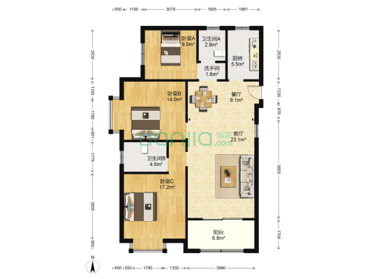 金义颐景园 3室2厅3卫 126平方