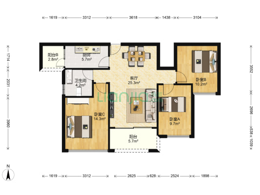 山湖海上城 3室1厅1卫 92平方
