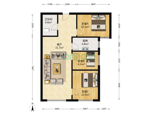 高铁新城 南向小三居 诚意出售 无增值税 毛坯房-户型图