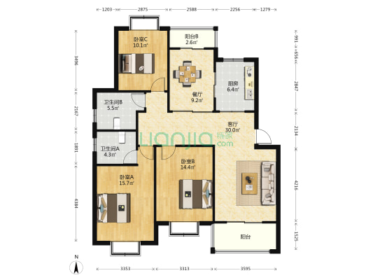 蓬曦园C8区 3室2厅2卫 126平方