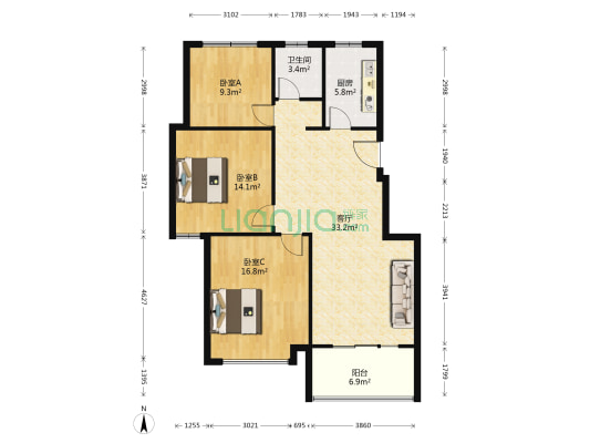 文一名门皇马A区 3室1厅1卫 107平方