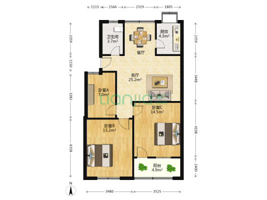 江夏区检查院宿舍 3室1厅1卫 86平方