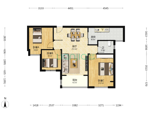 荣盛观云郡观天下组团 3室1厅1卫 89平方