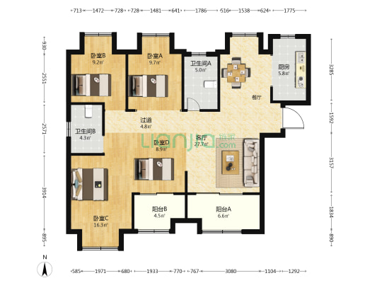 东津世纪城1区唐宁岸 4室1厅2卫 128平方