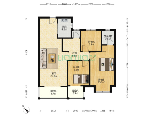 中国铁建知语1901 3室1厅2卫 107平方