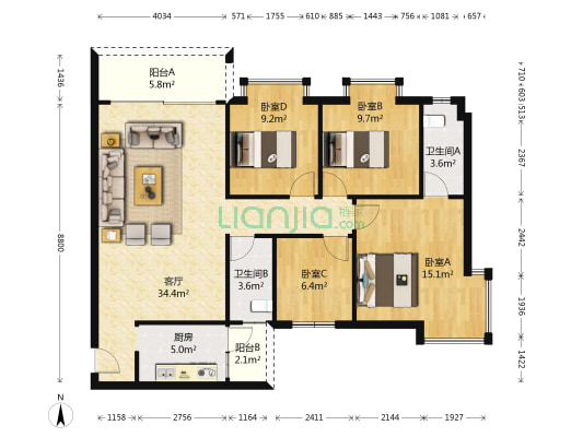 基业花园 4室1厅2卫 114平方