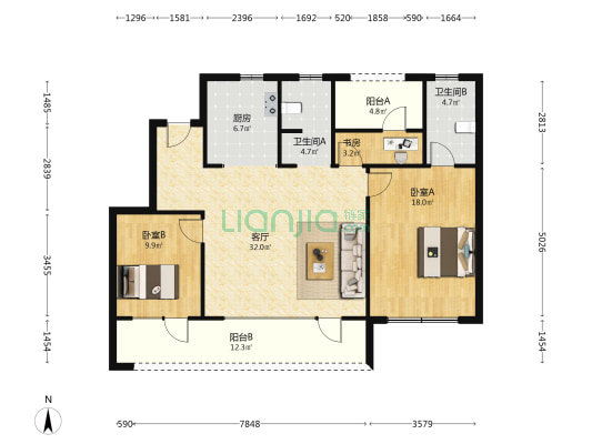 博观星海望海园 3室1厅2卫 126平方