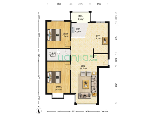 万达公寓 2室2厅1卫 136平方