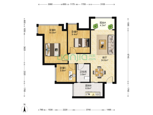 保利玫瑰花语 3室1厅1卫 77平方
