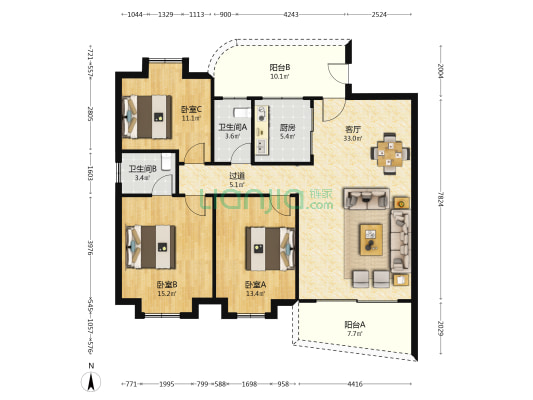 华怡花园 3室1厅2卫 120平方