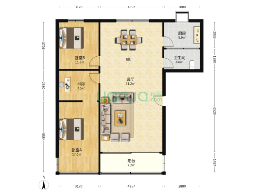 西湖公寓 3室1厅1卫 117平方