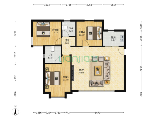 大名城明月轩 3室1厅2卫 120平方