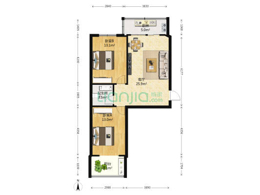 名仕嘉苑 2室1厅1卫 82平方