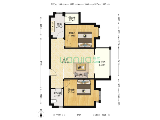 花涧坊B区 2室1厅1卫 77平方