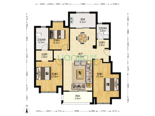 万科城月桂苑 3室1厅2卫 111平方