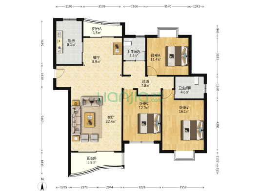 东明家园 3室2厅2卫 155平方
