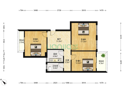 才华茗苑 3室1厅1卫 95平方