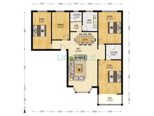 万润B区 3室1厅2卫 158平方