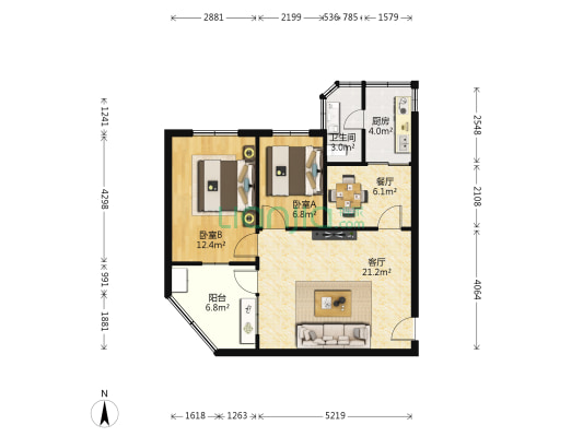 桂花北路109号 2室2厅1卫 66平方